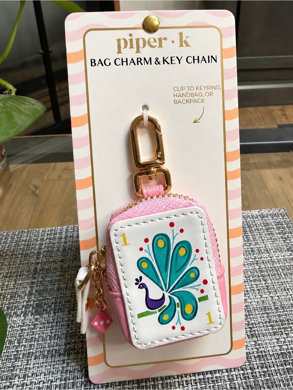 Piper K 🦚Mahjong💕Pink Peacock 🎲 Dice Tile Bag Charm Key Chain with Gold Hardware